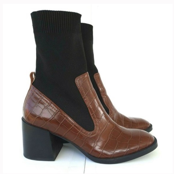 Mango Shoes - Mango | Brown and Black Croc Leather Sock Boots